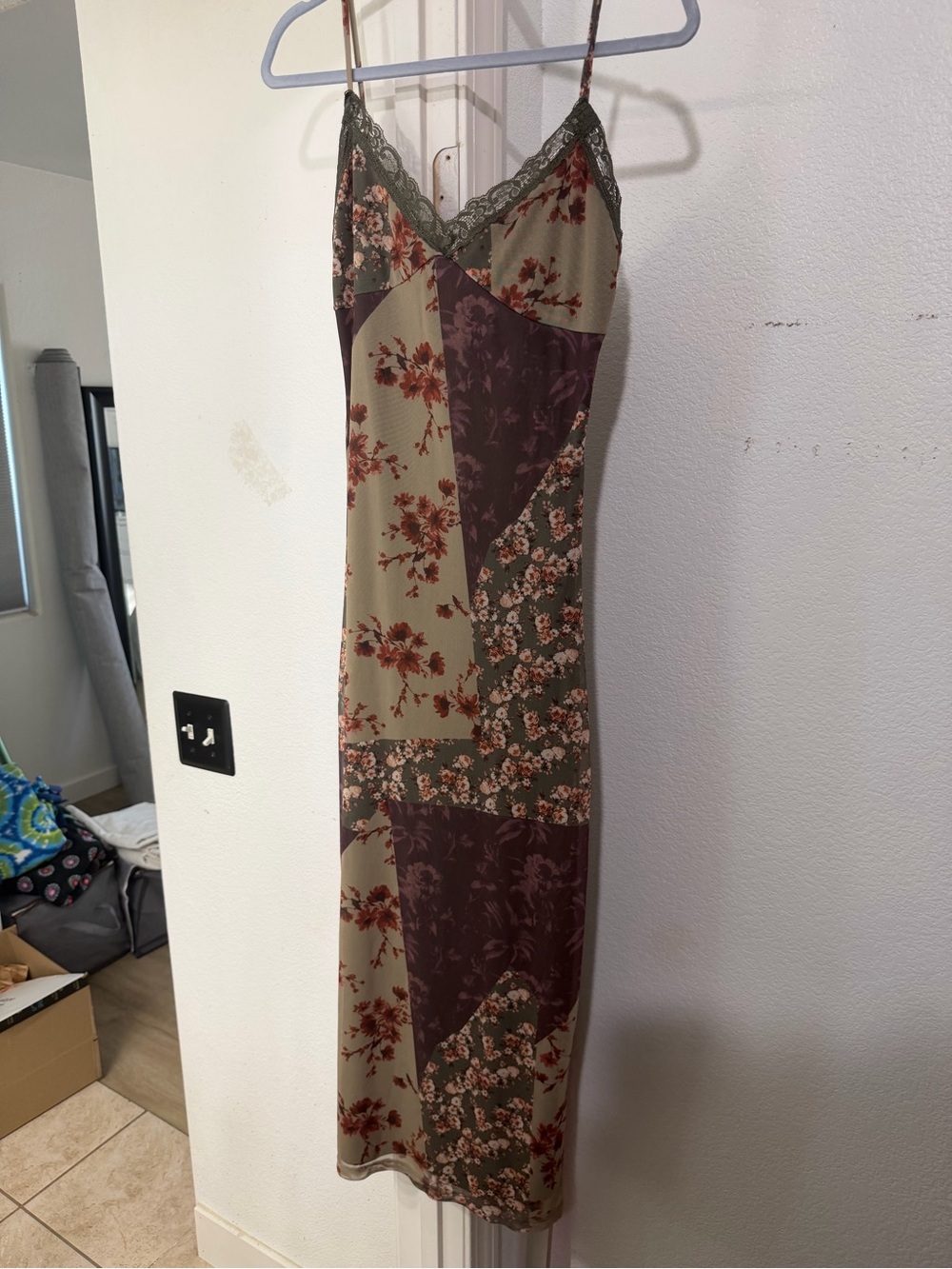 Floral Patchwork Slip Dress in Olive and Burgundy